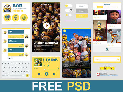 Freebie PSD : Minions Ui app despicable flat free freebie minions mobile movies ui kit yellow