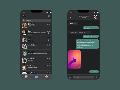 Mobile App - Messenger (Daily UI, Day 13) app chat chat app clean dailyui dark dark theme design ios message app messages messaging messenger minimal mobile mobile design product design ui ui ux ux