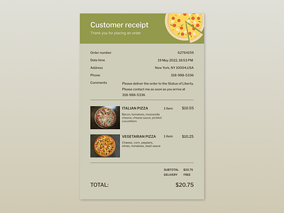 Email receipt (Daily UI, Day 17) check clean customer receipt dailyui design email email receipt illustration letter modal newsletter order pizza product design purchases receipt ui ux web web design