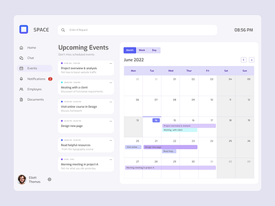 Daily UI - Calendar app calendar clean dailyui dashboard date dropdown event meeting planner product design saas schedule search ui upcoming event ux visual design web white