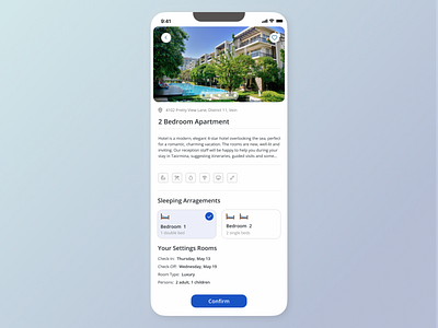 Daily UI - Confirmation app booking booking app button confirm dailyui hotel hotel app ios ios mobile mobile mobile app product design reservation room booking tourism travel travel agency ui ux