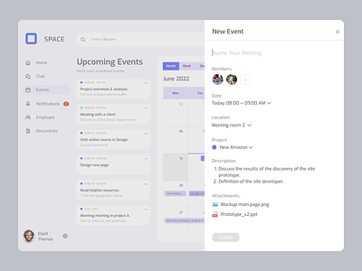Daily UI — Create new attachments button calendar dailyui design input meeting members new event organize organizer product design saas schedule service slider ui upcoming events ux web design