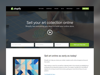 Shopify - Sell your art design homepage landing shopify website