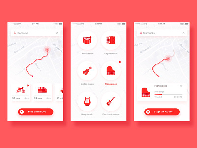 Journey companion app app application clean flat geotagging interface layout map music red ui ux