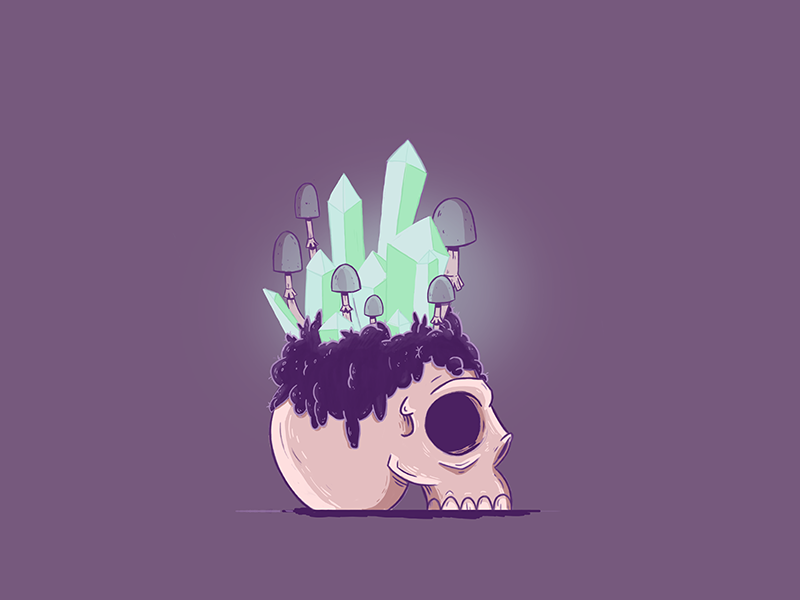 Living Skull purple light living mushrooms shrooms fungi crystals crystal skull. illustration