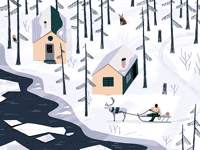 Winter Scene animals art drawing editorial forest illustration kidlit landscape people sled snow texture