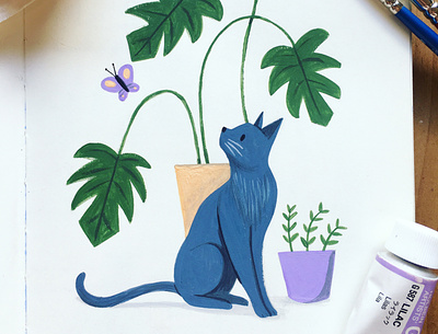 Gouache Kitty With Monstera butterfly cat gouache kidlit kids illustration monstera monstera deliciosa painting picture book plant