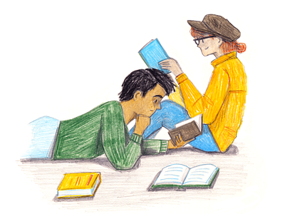 Reading art character color pencil drawing editorial illustration magazine painting pencil people read