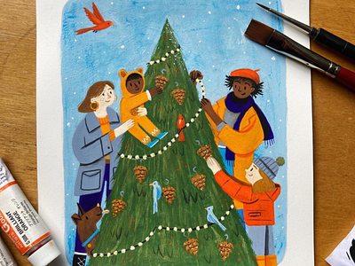 Happy Holidays art character drawing editorial holiday holiday card illustration painting people plants texture tree