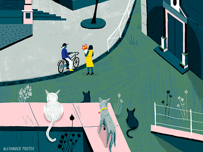 Intrigue In the Piazza art cats character city colorful drawing editorial illustration italy kidlit landscape love people