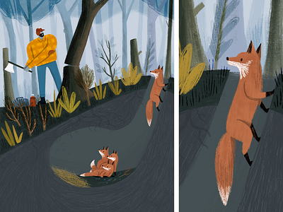 Fox and LumberJack book drawing editorial forest fox fox illustration foxes illustration kidlit people picture book plants texture