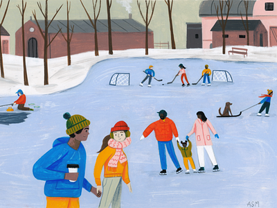 Ice Skating character drawing editorial ice skating illustration kid lit art landscape painting people picture book scene texture winter winter wonderland