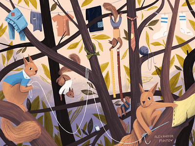 Those Darned Squirrels - 3 animals art drawing editorial gouache illustration kidlit magazine painting plants