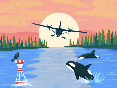 Go, Planes, Go! Spread 1 analog drawing illustration kidlit people picture book plane planes sketch sunset whales