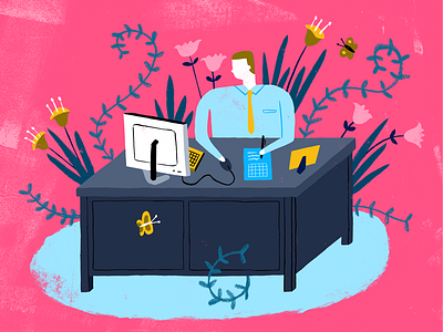 Productive Workforce bold character desk employee flat flower illustration plant texture work