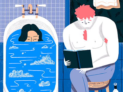 Bath Time Story bath character editorial flat geometric illustration interior man texture water woman