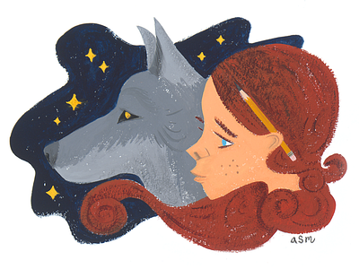 Wolf Dreams art drawing face girl gouache illustration painting stars wolf