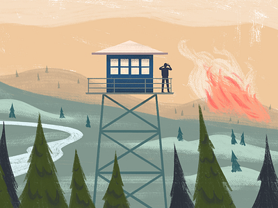 The Lookout article concept editorial illustration fire illustration landscape person plants river tree