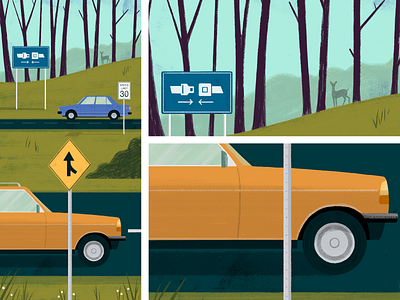 AAA Safe-Driving animals art car concept digital painting editorial illustration landscape plants road