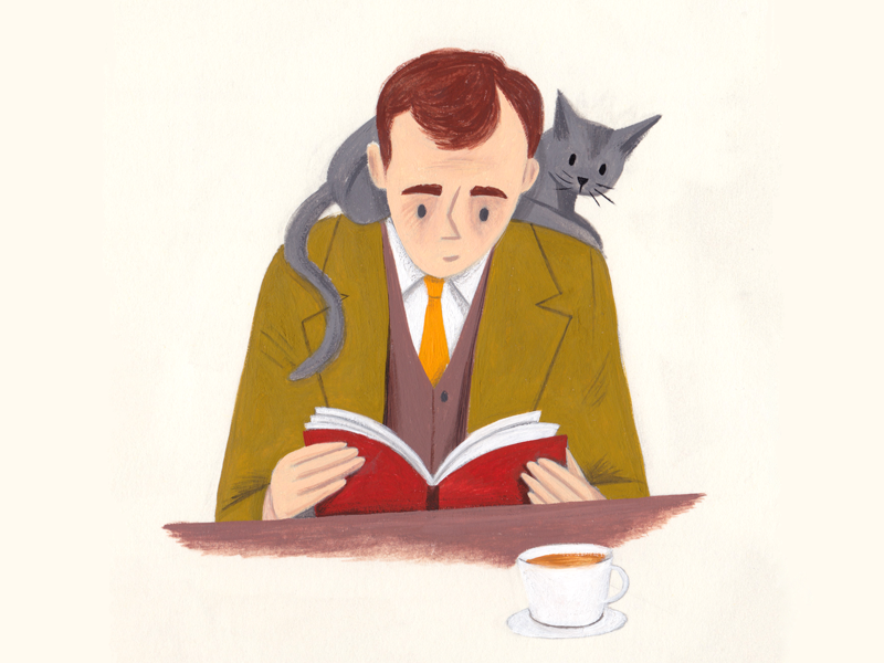 Silent Sustained Reading cab booking reading man gouache cat animals painting art people character editorial drawing illustration