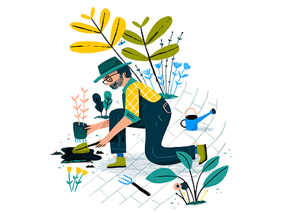 Kneeling While Gardening art character design drawing editorial garden illustration magazine man people plants texture