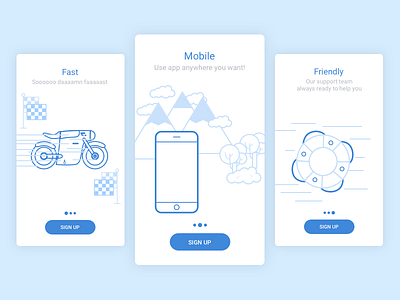 Onboarding Screens android blue fast friendly graphic icon illustration intro ios mobile outline welcome screen