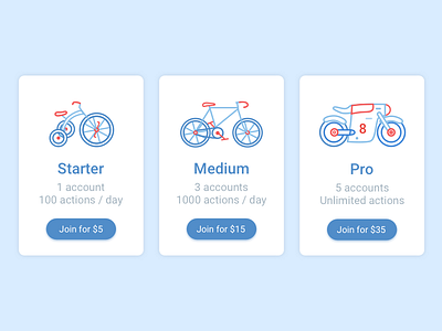 Pricing — Select a Tariff bicycle bike card cards graphic icons illustration motorcycle pricing tariff tariffs tricycle