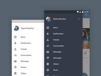 Android Custom Sidebar dark drawer material menu mobile social vk vkontakte