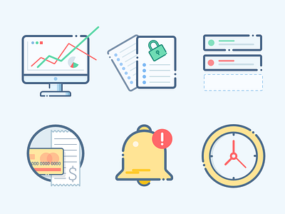 Analytics icons bell check out clock data events flat graph graphic icon imac schedule security