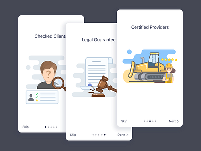 Welcome screens buldozer cards graphic icon illustration intro judge hummer legal mobile onboarding person tractor