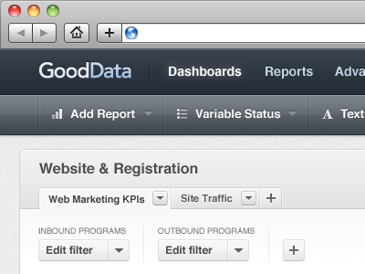GoodData Dashboard application blue dashboard grey header toolbar web app