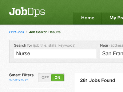 JobOps green header jobops search switch ui web app website