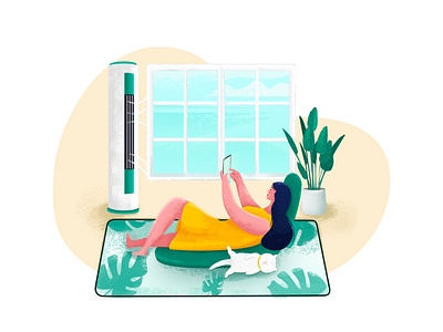 Summer Day air conditioning cat girl illustration plants shot sleeping cat sofa