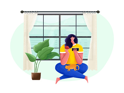 Otaku eating girl illustration indoors plant watermelon window