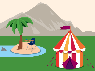 Mountains, beach, circus