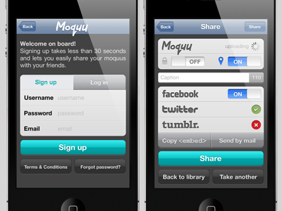 Moquu | Signup, Login, Share cross embed facebook iphone login moquu share signup tick tumblr twitter ui