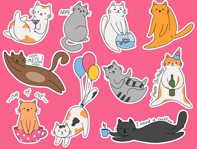 Set stickers cute cartoon cats different breeds. Lazy cats with cartoon character clipart design flat graphic design grumpy illustration kawaii kitten print sticker