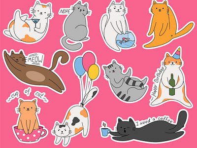 Set stickers cute cartoon cats different breeds. Lazy cats with