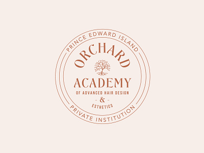 Orchard Academy Badge aesthetics badge branding college education logo esthetics logo hair dresser hair stylist orchard logo seal skincare spa logo tree logo tree roots