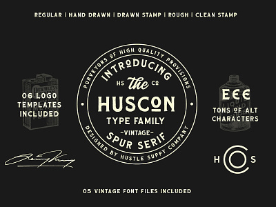 HUSCON - A Vintage Spur Serif Typeface badge brewery distillery font label design lettering logotype retro font stamp typeface whiskey label wordmark