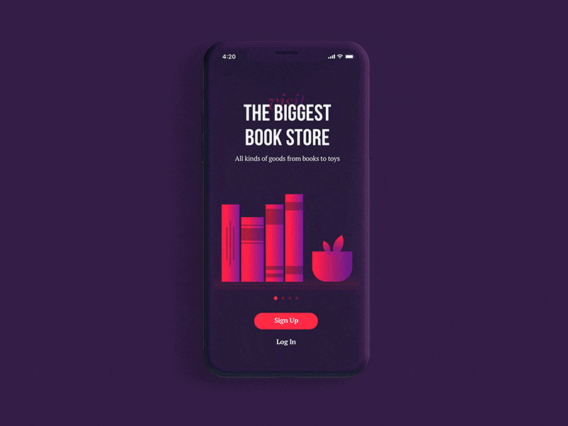 Bookstore onboarding animation books debut illustration ios onboarding pink principle purple store ui ux