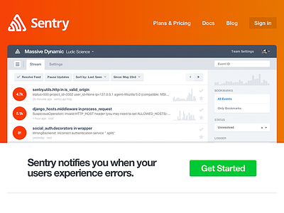New Sentry Homepage flat ui homepage marketing responsive sentry