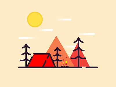 Campsite Illustration @ Daytime adobexd bright campfire camping creative easy fire lineart minimal simple vector