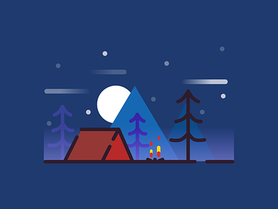 Campsite Illustration @ Night adobexd bright campfire camping creative easy fire linart mnimal simple logo vector