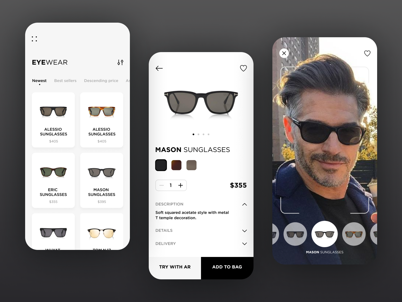 AR sunglasses app concept by Nazar Lenyshyn for Qubstudio UX/UI