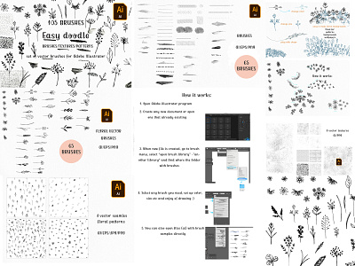 Easy doodle vector brushes for Adobe Illustrator adobe illustrator ai brushes bundle collection design doodle elements eps florals flower graphic illustration logo pattern rustic seamless set texture vector