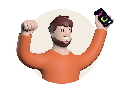 Happy guy 3d beard character circle excited guy happy illustration man phone stylized web