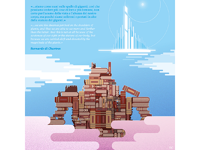 "...on the shoulders of Giants" books clouds giants illustration immagination sky vector world book day