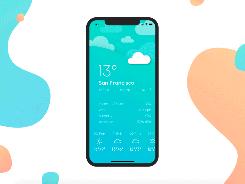 Weather app screen animation app blue clean color design flat gif minimal mobile orange weather