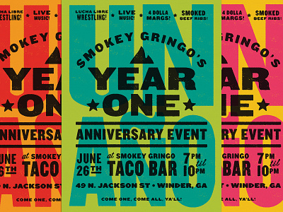 Smokey Gringo One Year Anniversary Poster branding design food hierarchy knockout layout letterpress poster restaurant texture typography vector
